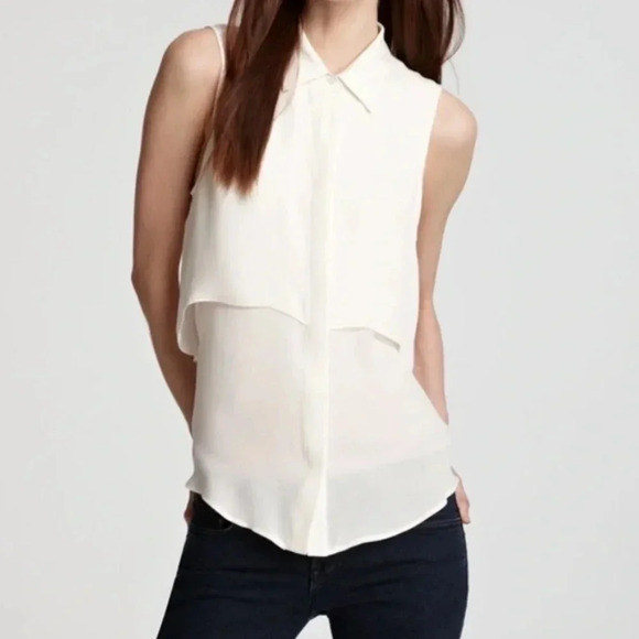 Theory Tops - Theory Rosae Silk Double Panel Paneled Collared Button Down Cream Blouse Size S